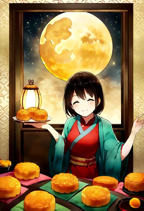 Chinese Mid-Autumn Festival，Enjoying the moon as a family、Eat mooncakes，E-commerce poster, Cantonese egg yolk mooncake, Mooncake for you, Mid-Autumn Festival poster, Fresh style background, Booth Lighting, attractive, True to life colors, Ultra HD