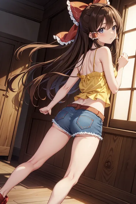 Reimu Hakurei, (Brown eyes:1.5), Brown Hair, bow, hair bow, Hair Tube, Long Hair, red bow, Side Lock,Western-style room, (((Slender body、Yellow Camisole BREAK Denim Shorts)))、Backwards、look back、Butt sticking out pose、Forward bending pose、
BREAK Watch View...