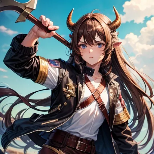 Brown haired Minotaur　Blue-eyed beautiful boy　　Cow horn　Cow earless　Have a battle axe　　long hair　Crossdresser　Wearing a jacket