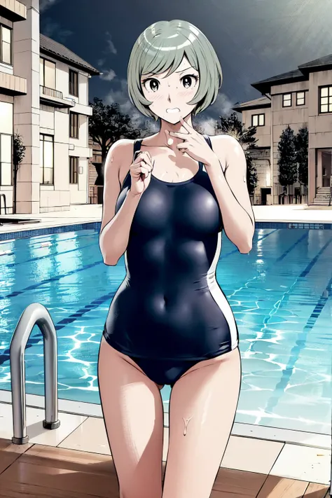 Blue school swimsuit、(masterpiece、Highest quality)、Highest quality, Ultra-high resolution, (((masterpiece))), alone, Sweat、Big eyes, Composition from the front、Shortcuts、Embarrassed face、Blonde、Cut your hair short、School swimming pool、short hair、Pussy Line...