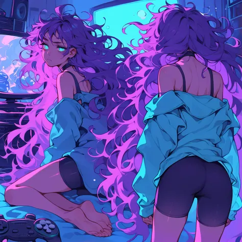 score_9_up, score_8_up, score_7_up, dynamic pose, portrait, headshot, multiple views, 1girl, NEET, (fair skin), tired, sleepy, (very long hair), (very messy hair), purple hair, (cyan eyes), medium breasts, frown, oversized shirt, (untucked shirt), off shou...