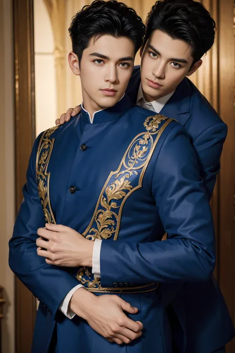 ((masterpiece)),((best quality)),8K,High Detail,Very detailed, Very manly，2 men, like，fashion pose, Real skin texture, Light,
Royal blue style couple