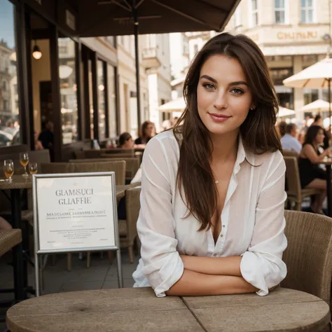 award winning glamour photograph,((best quality)), ((masterpiece)), ((realistic)), piercing eyes, looking straight, very happy, brown hair, in a outdoor cafe, afternoon light,