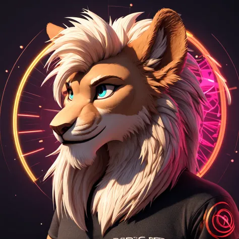  a design [lion], [headshot] [soft neon light], [red blood], 3d t-shirt art, vector art (“the endless circle of light”)