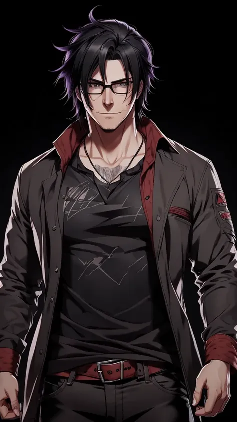 a man, medium long black hair, wearing glasses, scars on his face,  purple eyes, red bandana on his neck, grey shirt, casual jac...