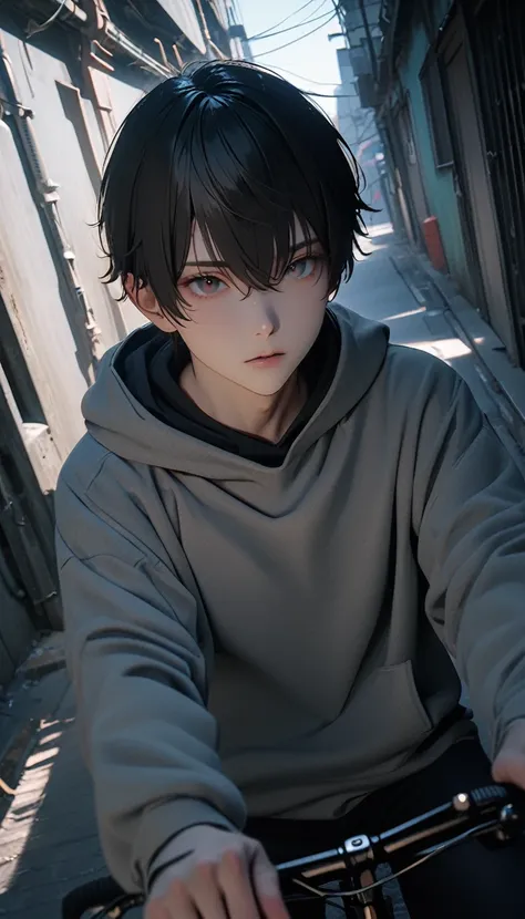 (8K, RAW photos, best quality, masterpiece: 1.4), (((Boy on bike)))，Ultra-high resolution, Extremely detailed, light, closeup of arms, handsome boy, black eyes, (delicate eyes, Eyes are bright:1.2), Gray short hair, Fair skin,dark, Grey sweatshirt, sweatsh...