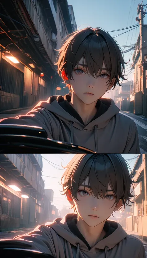 (8K, RAW photos, best quality, masterpiece: 1.4), (((Boy on bike)))，Ultra-high resolution, Extremely detailed, light, closeup of arms, handsome boy, black eyes, (delicate eyes, Eyes are bright:1.2), Gray short hair, Fair skin,dark, Grey sweatshirt, sweatsh...