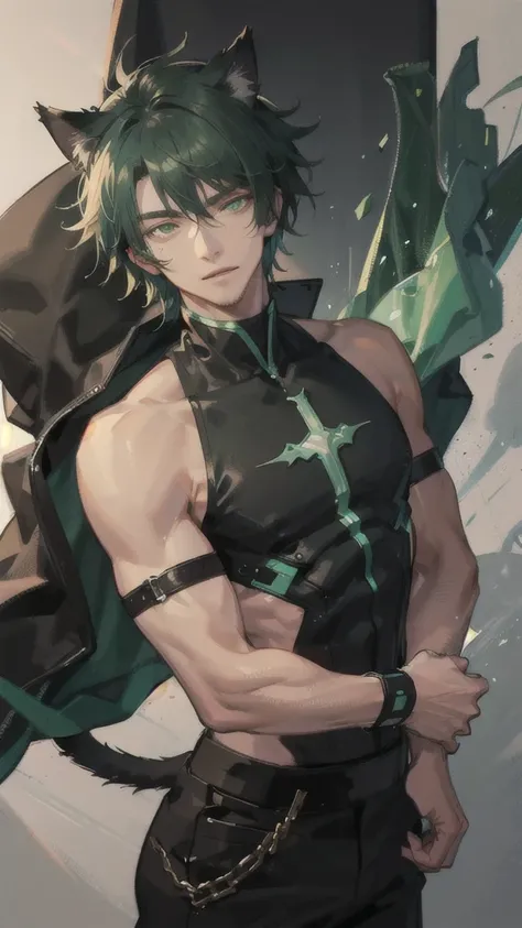 dark tanned skin，Handsome boy, Cat ears and tail, Shining eyes, (((Messy green short hair))), Very detailed portrait. The focus should be on his extremely detailed face,，muscular