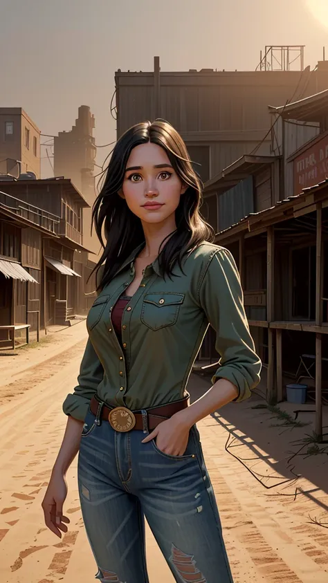 foto hiper-realista de kelsey asbille, work of art, best qualityer, (photorrealistic:1.4), (cowboy outfit) create dystopian work...