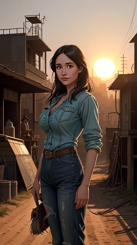 Foto hiper-realista de Kelsey Asbille, work of art, best qualityer, (photorrealistic:1.4), (cowboy outfit) Create dystopian work of arts. Western theme, dusty atmosphere, wooden buildings, a setting sun casting long shadows, aged and worn out costumes, exp...