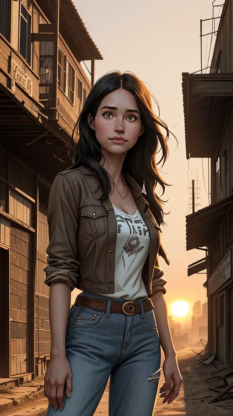 Foto hiper-realista de Kelsey Asbille, work of art, best qualityer, (photorrealistic:1.4), (cowboy outfit) Create dystopian work of arts. Western theme, dusty atmosphere, wooden buildings, a setting sun casting long shadows, aged and worn out costumes, exp...