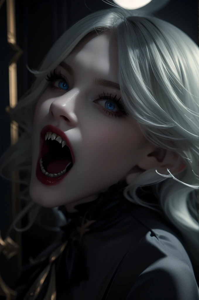 Vampire girl , masterpiece, ,(solo:1.1), perfect face, (bright lighting:1.2),beautiful detailed eyes, very detailed face, perfect lighting,masterpiece, Best quality, 1 girl, pale skin, long hair, 20 years , Red eyes, fangs, A glass of blood in his hand, Co...