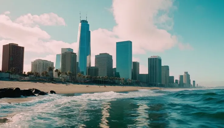 The cinematic traversal camera captures a skyline view of the ocean and the beach near Los Angeles, California in 3060 morning time, soft pink morning light on the sky. The camera is traveling through above the ocean and the beach in front of the dystopian...