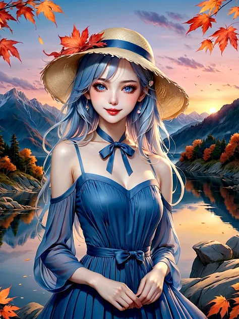 ((masterpiece, best quality))，(very detailed)，(watercolor:1.2), 1 cute girl，straw hat，flowering，light blue hair，very long hair，w...