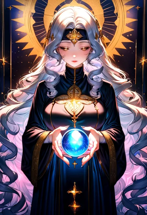 Female priest with long curly hair, beauty,Religious robes, Holding a crystal ball in both hands,God of Fortune Telling,Head down cast, Hold your hands tight, Wearing a headband, A simple halo around the head, Sparkling eyes, Saint, Vibrant colors, Light P...