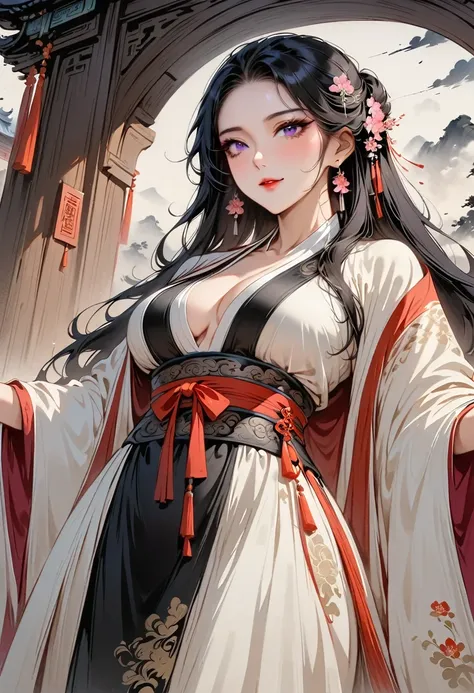 (masterpiece, best quality:1.2), 1 woman, Hanfu, （Dress conservatively：1.3）, (delicate and beautiful face:1.8), mature, laugh, black hair, hairpin, purple eyes, seat, beautiful bridge, (ink stain) beautiful portrait, clothing ink style, traditional china p...