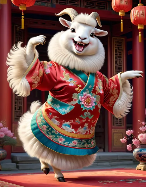 photorealistic portrait of Dressed animals - a ((fat)) ((angora goat)) dancer,(furry), (dynamic dancing:2.0), (swinging arms :2.0),(happy smile:1.5),high quality,(happy),(lovely) ,intricate details, (accessories), highly detailed (( Cheongsam)) ,highly det...