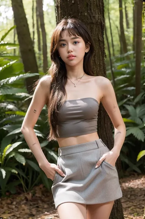 Miley Cyrus wears a gray short skirt, gray strapless top, and long hair, posing seductively in the forest