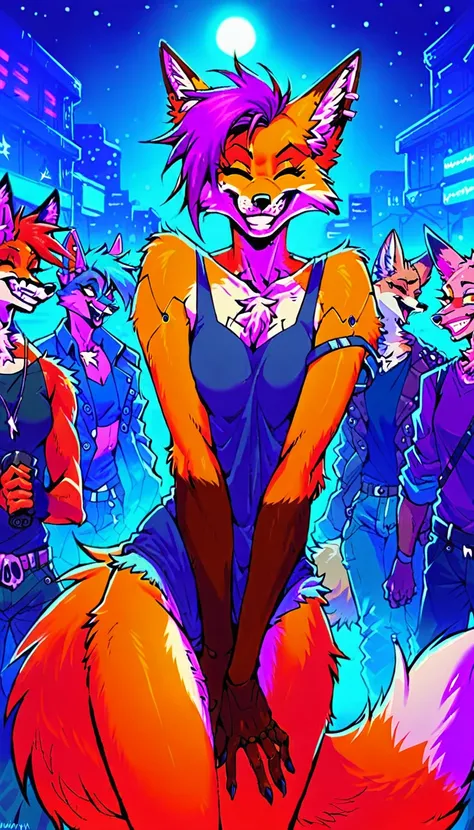 score_9, score_8_up, score_7_up, cyberpunk city, downtown ally, midnight, crowd on background, starry night, happy, joyful, ,

((fox:1.2), anthro, female, colorfull fur, short punk haircut, beautiful, wearing a cyberpunk-style augmentations, joyful, grin)