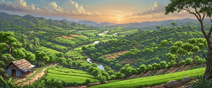 ((Sunset evening, Depict a train approaching through the picturesque Indian countryside, with vast green fields stretching out on either side. In the foreground, cattle graze peacefully, adding to the pastoral charm of the scene. The train, adorned with vi...