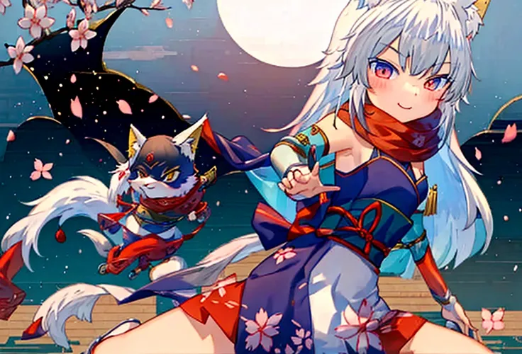 (masterpiece, best quality:1.2), 1girl, 独奏,Wolf girl, fox mask, ninja, girl, long white hair, odd eyes, blue kimono, ninja girl, red and blue scarf,Dancing Cherry Blossoms,Full moon backlighting, light coming in, fantastic atmosphere. Holding a small sword...