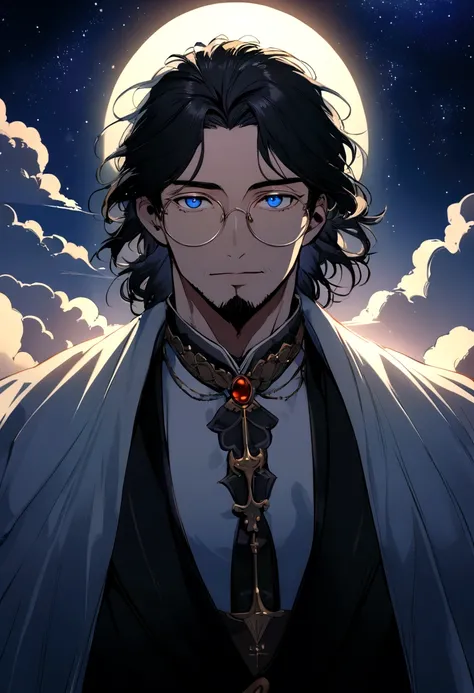 Film quality, One Man in Heaven, close, Cloudy, Soft Lighting, Starry Sky, Handsome man with round glasses, View the viewer, blue eyes, Black-haired, Blackbeard