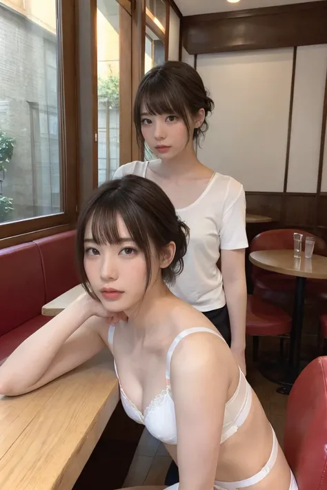 (One woman), hair up, short bob, 28 years old, Japanese, brown eyes, brown hair, slim figure, flat chest,
Blake
Girls sitting opposite each other in a cafe, leaning forward, elbows on table, bra under T-shirt, looking up at camera, thin straps of bra sligh...