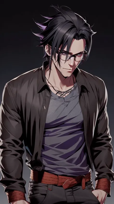 A man, medium long black hair, wearing glasses, scars on his face,  purple eyes, red bandana on his neck, grey shirt, casual jacket, black belt, black pants, concept art, concept art, anime, anime