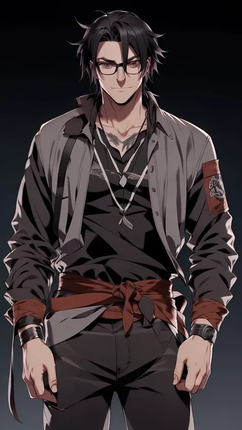 A man, medium long black hair, wearing glasses, scars on his face,  purple eyes, red bandana on his neck, grey shirt, casual jacket, black belt, black pants, concept art, concept art, anime, anime