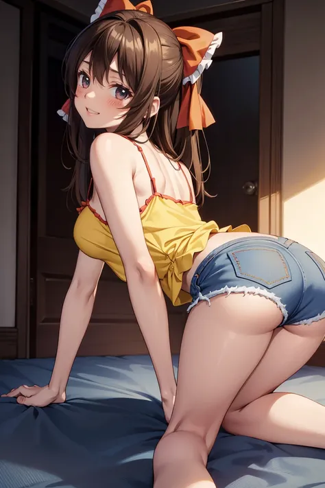 Reimu Hakurei, (Brown eyes:1.5), Brown Hair, bow, hair bow, Hair Tube, Long Hair, red bow, Side Lock,Western-style room, (((Slender body、Yellow Camisole BREAK Denim Shorts)))、(((On all fours)))、Backwards、look back、Butt sticking out pose、Forward bending pos...