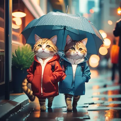 fluffy brown cat, very detailed cat and fur, wearing a blue and red hoodie,walking around the city with an umbrella in hand, hig...