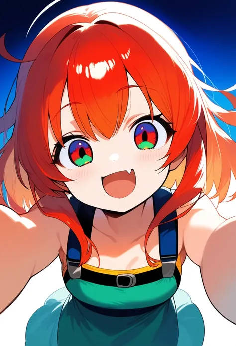 1girl, ultra high res ,open mouth, pov close up to her face, Detailed face, fang, arms reaching to viewer, top angle, smile