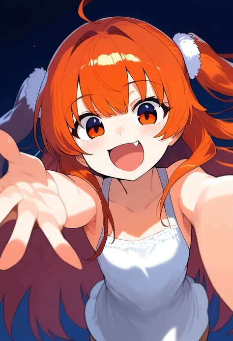 1girl, ultra high res ,open mouth, pov close up to her face, Detailed face, fang, arms reaching to viewer, top angle, smile