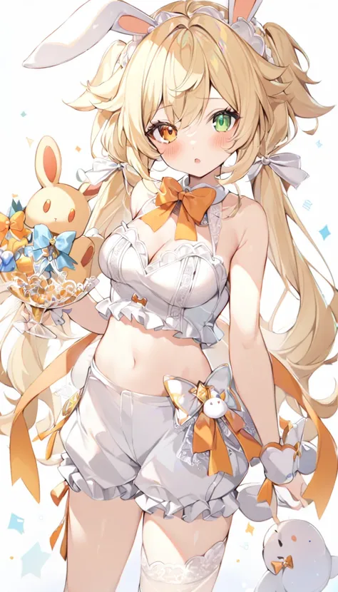 1girl, animal ears, bangs, bare shoulders, blonde hair, blush, bow, breasts, white cleavage, cropped torso, , green eyes, hair ribbon, heterochromia, holding,looking at viewer, open mouth, orange bow, orange eyes, orange ribbon, rabbit ears, ribbon, solo, ...