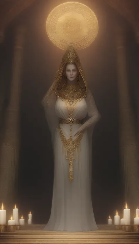 masterpiece, best quality, very aesthetic, absurd, Mature female, Award-winning priestess illustration, Extremely detailed, Very detailed portrait, full-body shot, Tarot Style