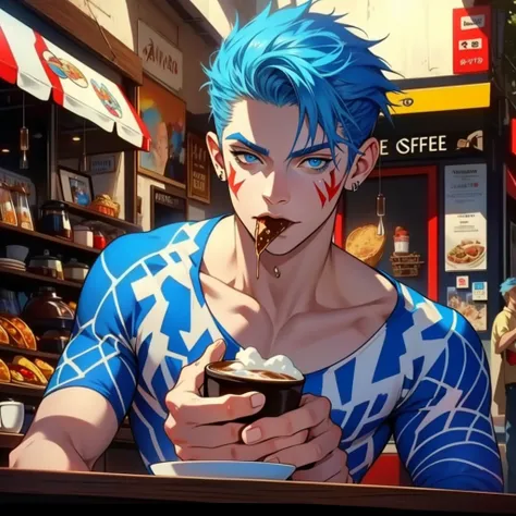 1boy, playful young teen, spiky blue hair, blue eyes, ((red and white face painting), cafe, coffee shop, eating taco, warm, high definition, hdr, 8k, masterpiece 