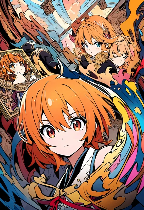 Draw a drawing of an anime waifu with short orange hair in anime style