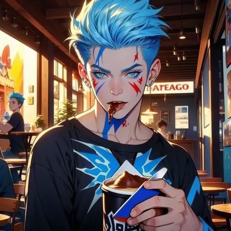 1boy, playful young teen, spiky blue hair, blue eyes, ((red and white face painting), cafe, coffee shop, eating taco, warm, high definition, hdr, 8k, masterpiece 