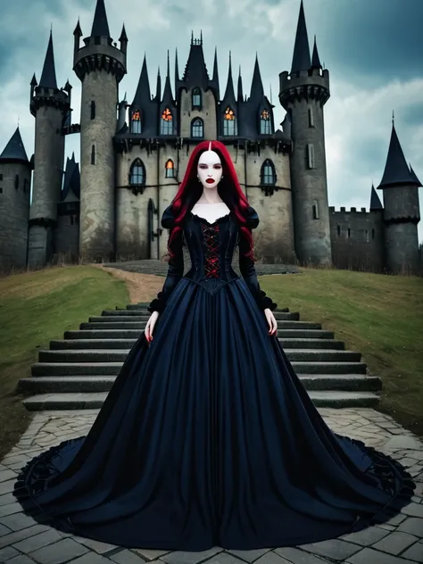 a beautiful woman with long dark hair, pale skin, red lips, wearing a dark gothic dress, standing in front of a mysterious castle,