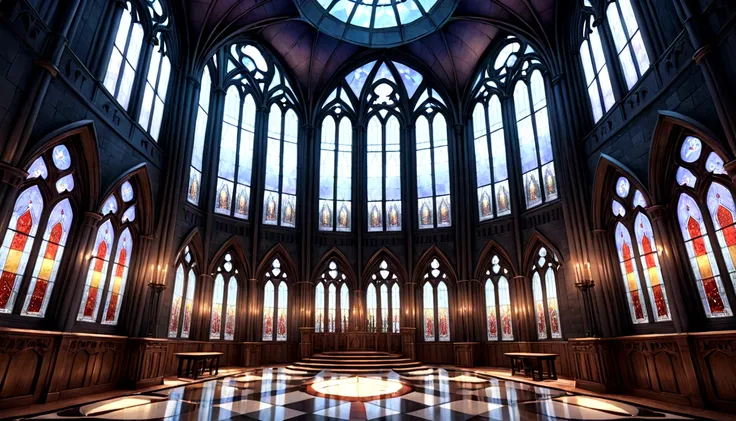 Stained glassがたくさんある,nightのcheese,Dark fantasy,Reddish,a room with many windows, Inside the VR castle, cathedral, Fantasy-inspired, cheese, Gothic epic library concept, 大きなcathedralart nouveau オクタンンレンダー, Interior of a magnificent gothic castle,Reddishい部屋,C...