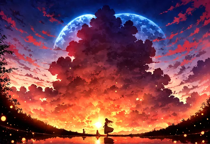 A young woman with headphones, entranced by the stunning sunset before her. She radiates peace and contentment, her eyes reflecting the warm hues of the sky as she basks in the glow of natures beauty. This scene is portrayed in a beautifully detailed anime...