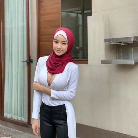 beautiful malay girl,hijab,big breast , wearing trousers