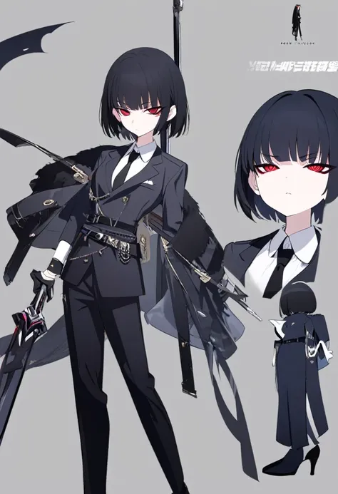 One woman,Dynamic,whole body,Are standing,mysterious,Concept Art,Character Design,Jet black straight hair,The bangs are trimmed to accentuate the eyes.,Well-proportioned face,Sharp Eyes,White shirt,Black tie,Black slacks,Silver cufflinks on the left hand,O...