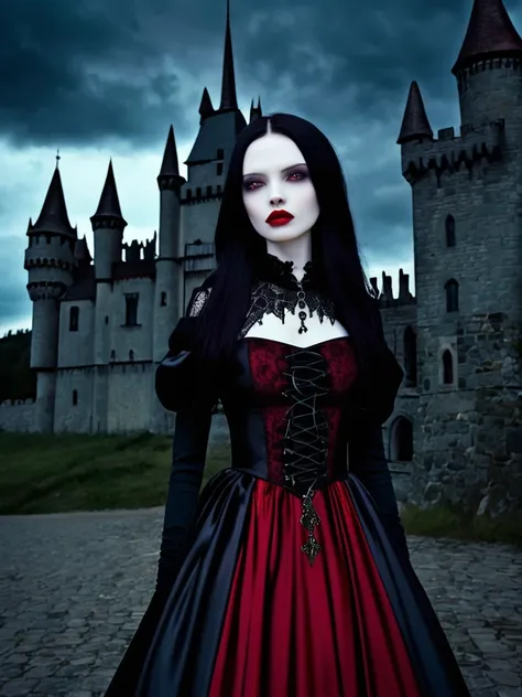 a beautiful woman with long dark hair, pale skin, red lips, wearing a dark gothic dress, standing in front of a mysterious castle,