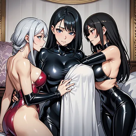 Black Hair、(Full latex suit)、Very luxurious bedroom、、Shiny enamel latex covers the whole body、Embarrassed expression、Three people touching each other&#39;s crotches、Super big breasts、