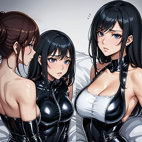 Black Hair、(Full latex suit)、Very luxurious bedroom、、Shiny enamel latex covers the whole body、Embarrassed expression、Three people touching each other&#39;s crotches、Super big breasts、