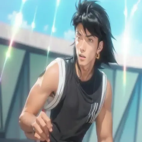 anime character with black hair and black shirt in a stadium, dandy from space dandy anime, yuya nagai,