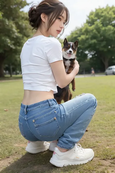 Squatting down to play with a puppy in the park, (her string panties are visible from the waist of her low-rise jeans). Back view, T-shirt,
1woman, updo, short bob, 28 years old, Japanese, brown eyes, brown hair, slim figure, flat chest,