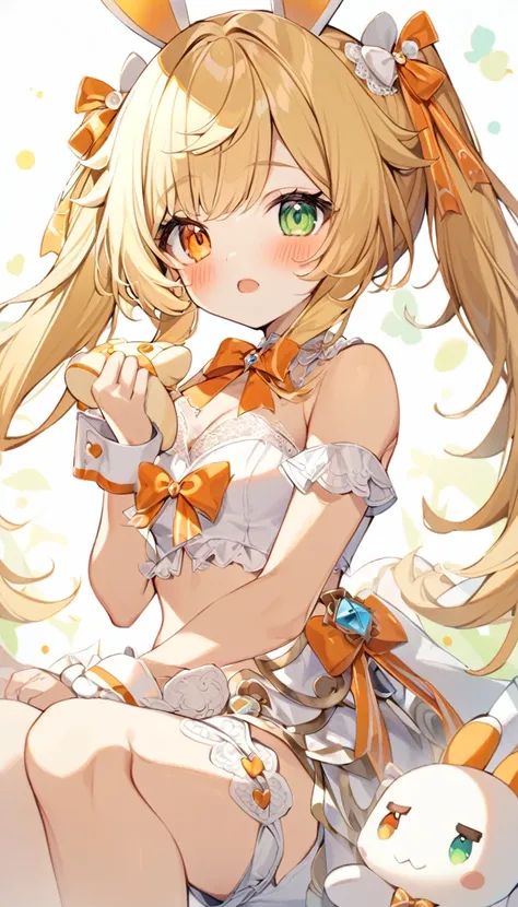 1girl, animal ears, bangs, bare shoulders, blonde hair, blush, bow, breasts, white cleavage, cropped torso, , green eyes, hair ribbon, heterochromia, holding,looking at viewer, open mouth, orange bow, orange eyes, orange ribbon, rabbit ears, ribbon, solo, ...