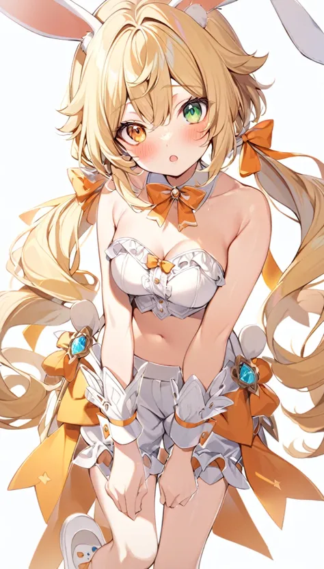 1girl, animal ears, bangs, bare shoulders, blonde hair, blush, bow, breasts, white cleavage, cropped torso, , green eyes, hair ribbon, heterochromia, holding,looking at viewer, open mouth, orange bow, orange eyes, orange ribbon, rabbit ears, ribbon, solo, ...